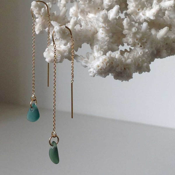 Gold threader earrings with sea glass droplets