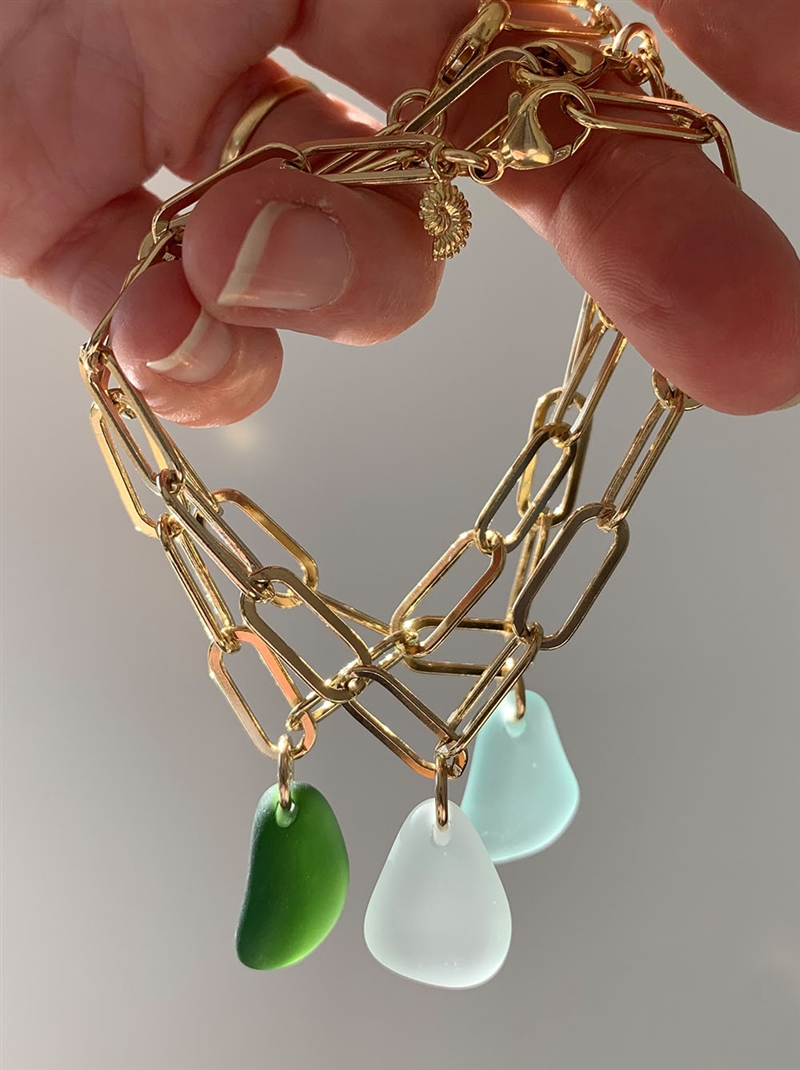 Chunky bracelet with sea glass drop