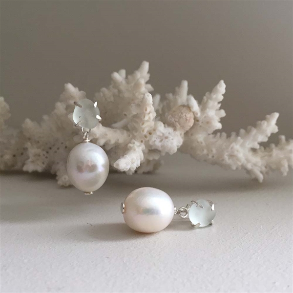 Baroque pearl & sea glass drop earrings