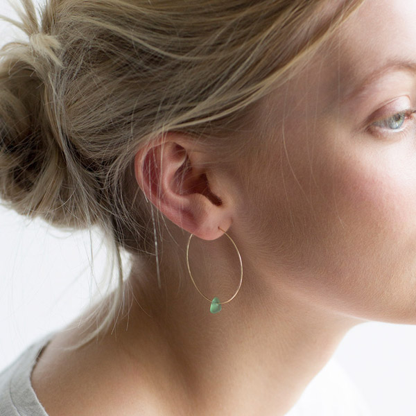 Fine wire hoop earrings with sea glass nugget in gold